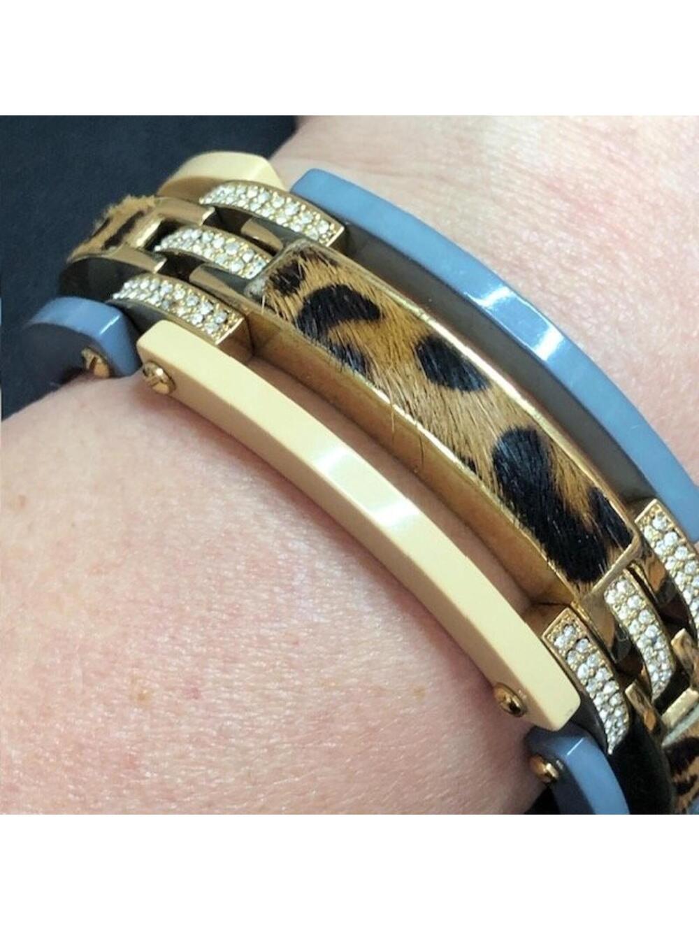 B1865 Fossil Leopard Print Calf Hair Cuff Bracelet Gold Tone Crystal Pave 6.5"